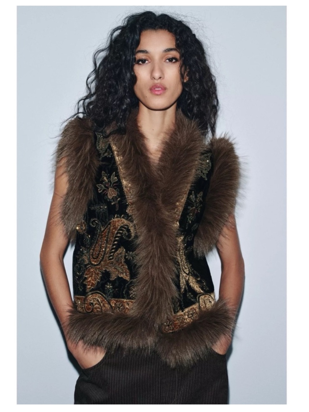 Zara Brown Faux Fur Trim Velvet Paisley Vest
